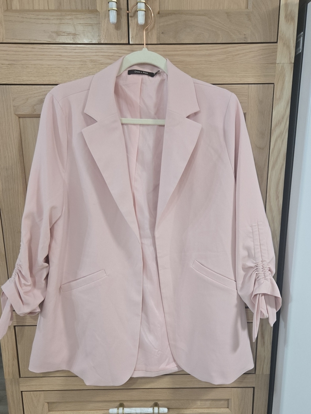 Pale Pink Open-Front Blazer with Ruched 3/4 Sleeves